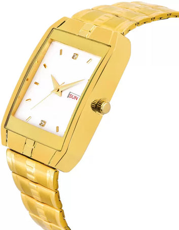 Gold Strap & White Analogue Gold Plated Day & Date Functioning Watch for Boys & Men