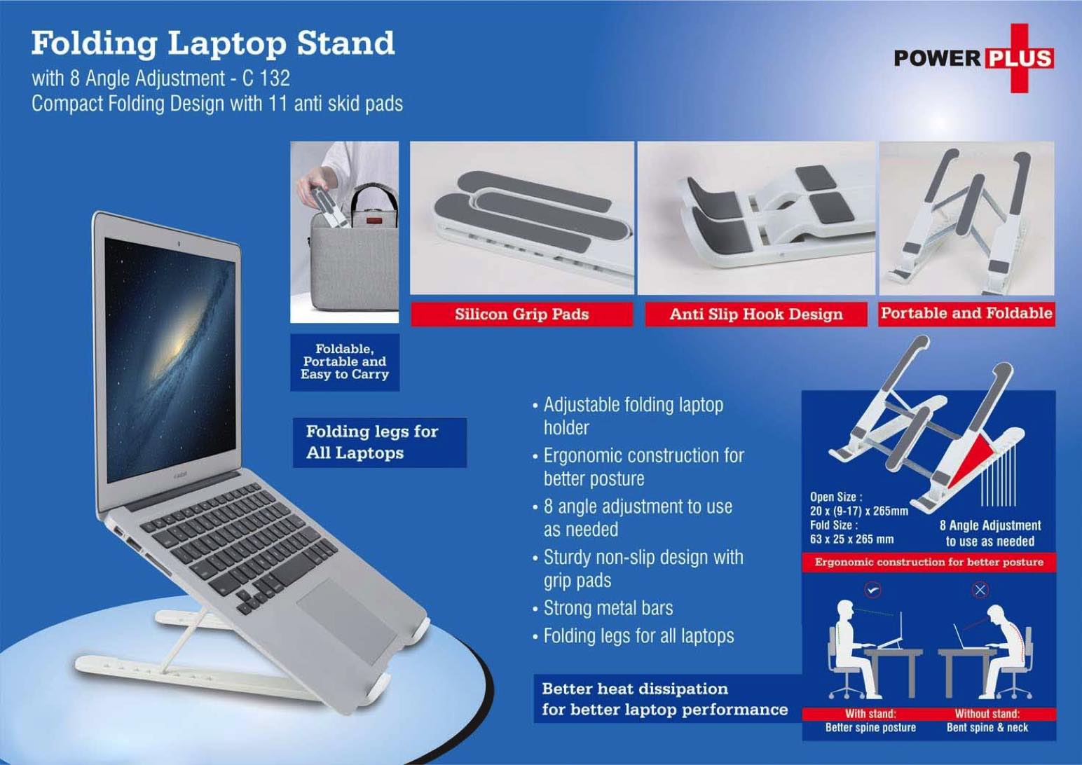 Folding Laptop stand with 8 angle adjustment | Compact Folding design | With 11 anti skid pads