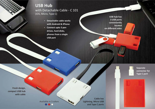 USB Hub with detachable cable (iOS, Micro, Type C) | 3 USB ports