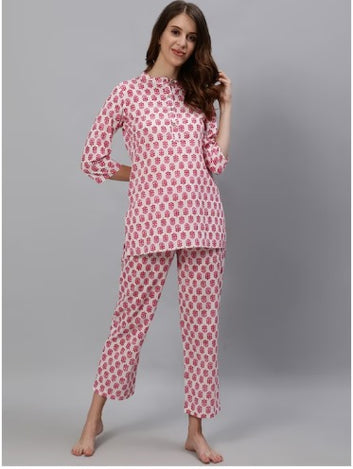 Women White Printed Cotton Loungewear SetWomen White Printed Cotton Loungewear Set