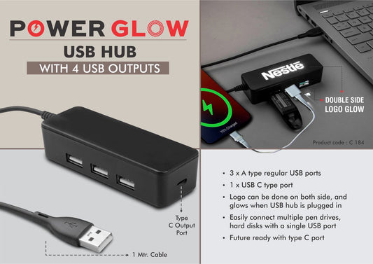 PowerGlow USB hub with 4 USB outputs | Double side Logo Glow | Type C output port | 1 mtr cable