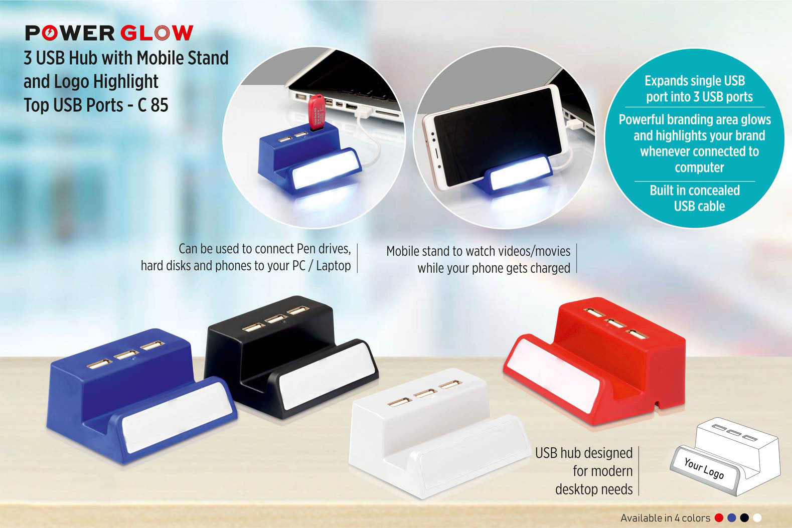 Power Glow 3 USB hub with mobile stand and logo highlight (Top USB)