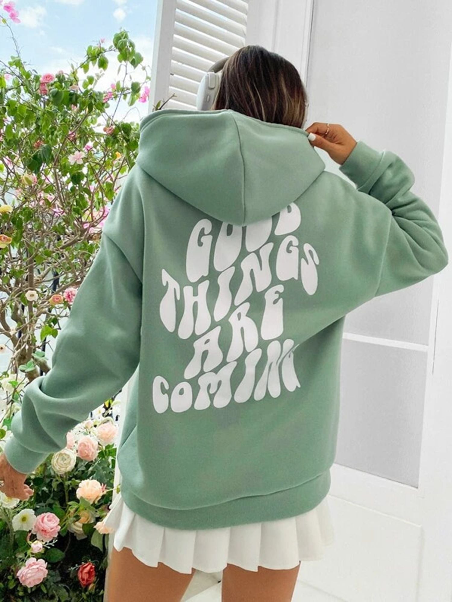 Green Printed Fleece Hoody oversized Long Sleeve Womens Sweatshirt