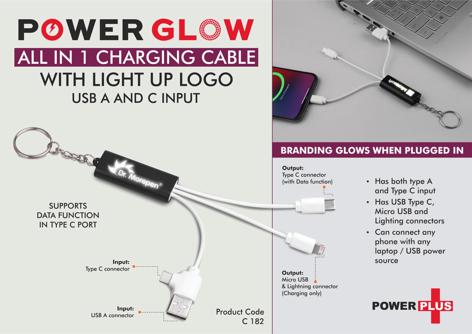 All in 1 Charging cable with light up logo | Data Function in Type C port | USB A and C input