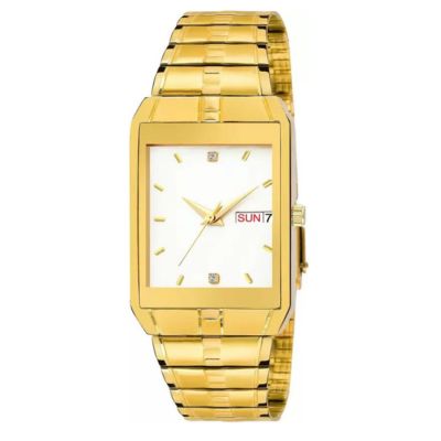 Gold Strap & White Analogue Gold Plated Day & Date Functioning Watch for Boys & Men