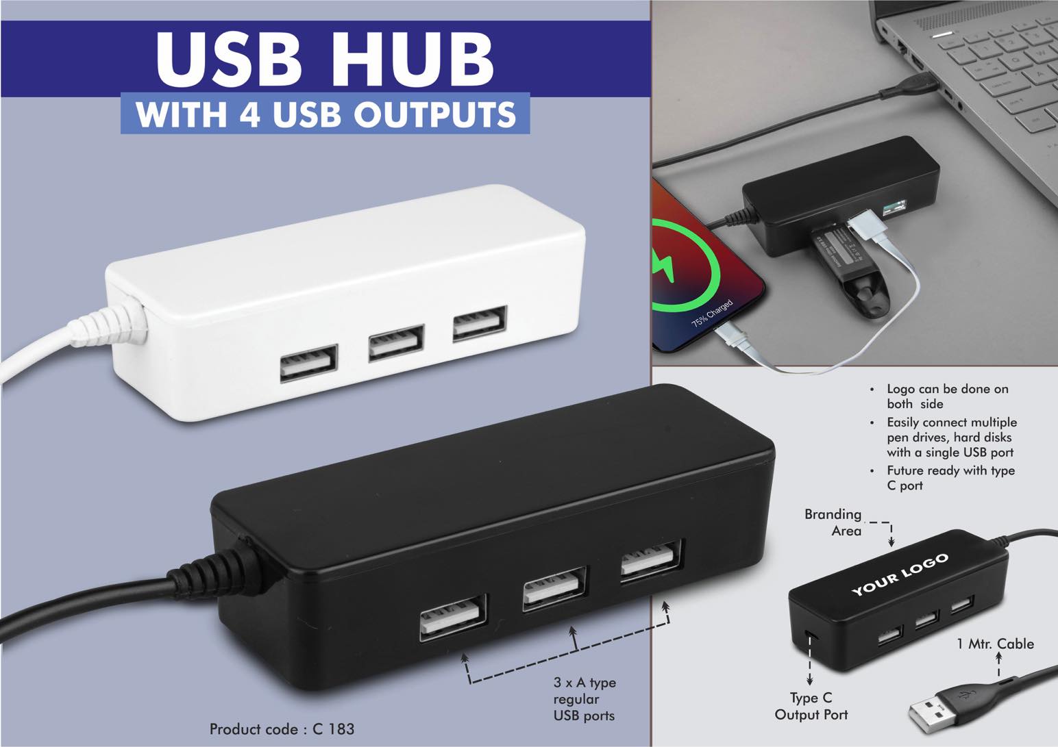 USB hub with 4 USB outputs | Type C output port | 1 mtr cable