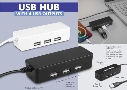 USB hub with 4 USB outputs | Type C output port | 1 mtr cable