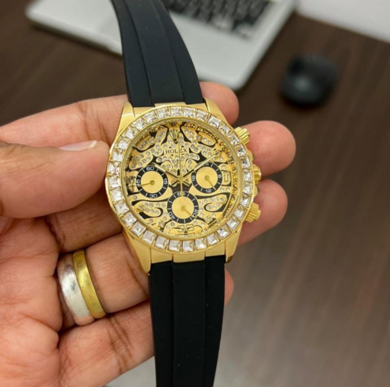 Royal Watch with Gold case Silicon Belt & Diamonds Stud